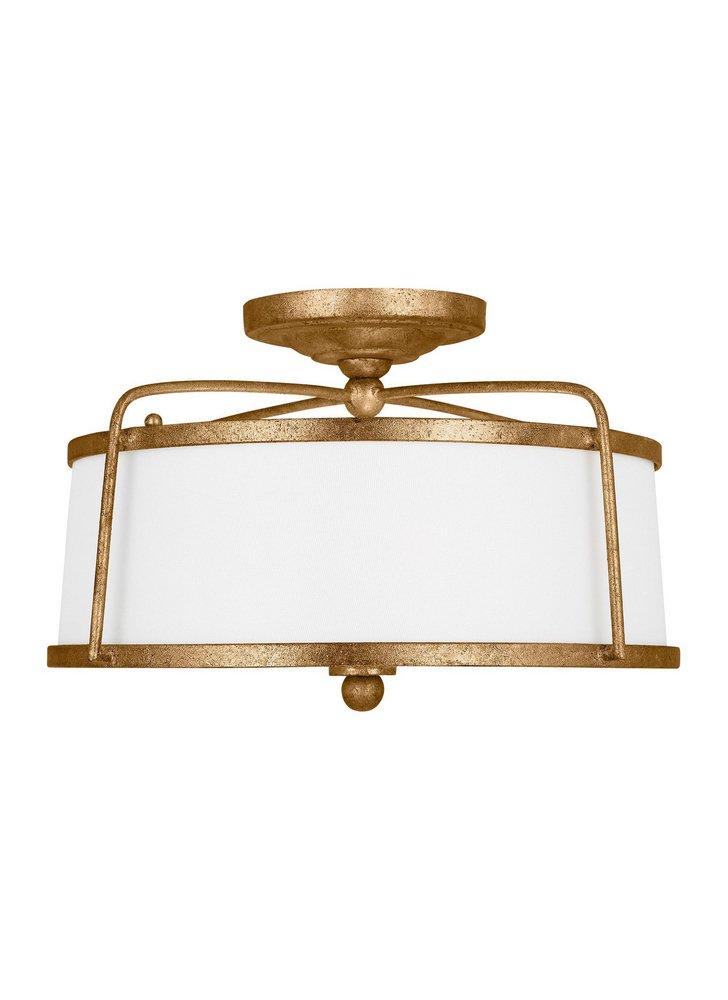 STONINGTON UPTOWN CHIC 2-LIGHT INDOOR DIMMABLE MEDIUM CEILING SEMI-FLUSH MOUNT IN ANTIQUE GILD RUSTIC GOLD FINISH WITH WHITE LINEN FABRIC SHADE 