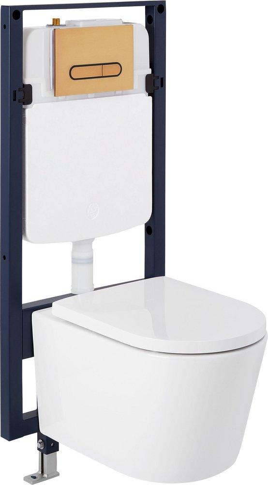 1.08 gpf/1.6 gpf Dual Flush Elongated Two Piece Wall Mount Toilet with Brushed Gold Hardware 