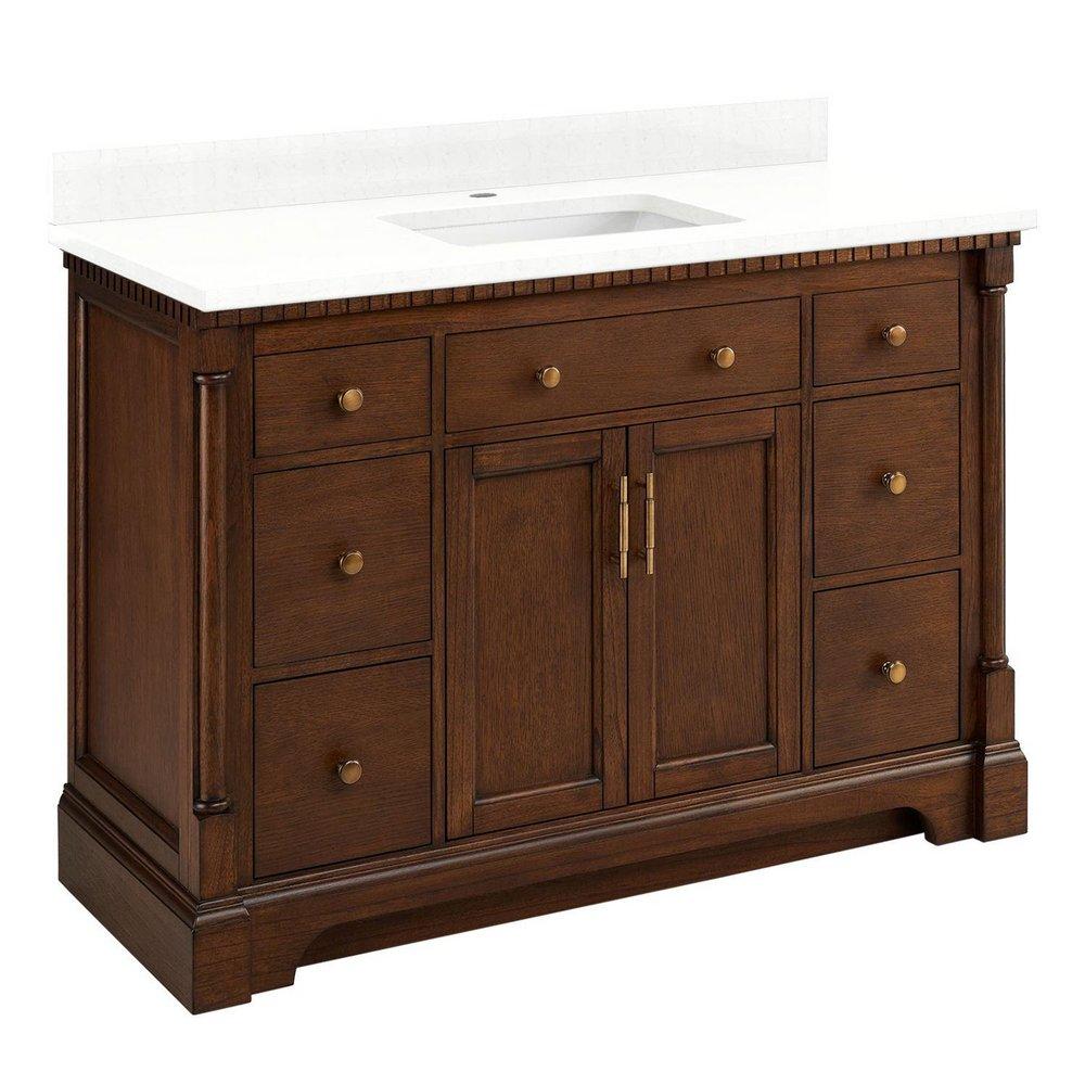 48 in. Floor Mount Vanity in Antique Coffee with Feathered White Quartz 