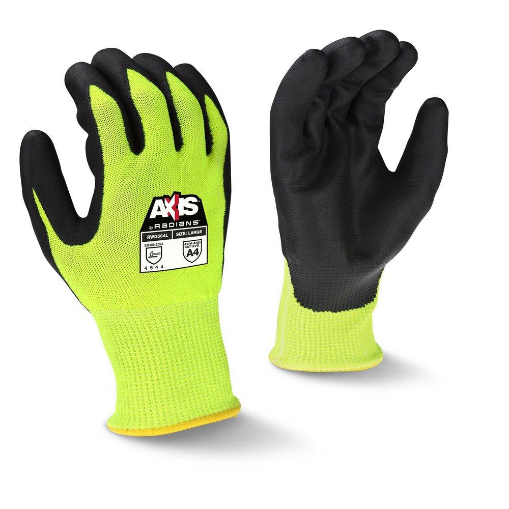 ANSI CUT LEVEL A4 HI-VIS GREEN HPPE SHELL W/ FIBERGLASS BLACK FOAM NITRILE PALM COATING EN388: 4 X 4 2 D 