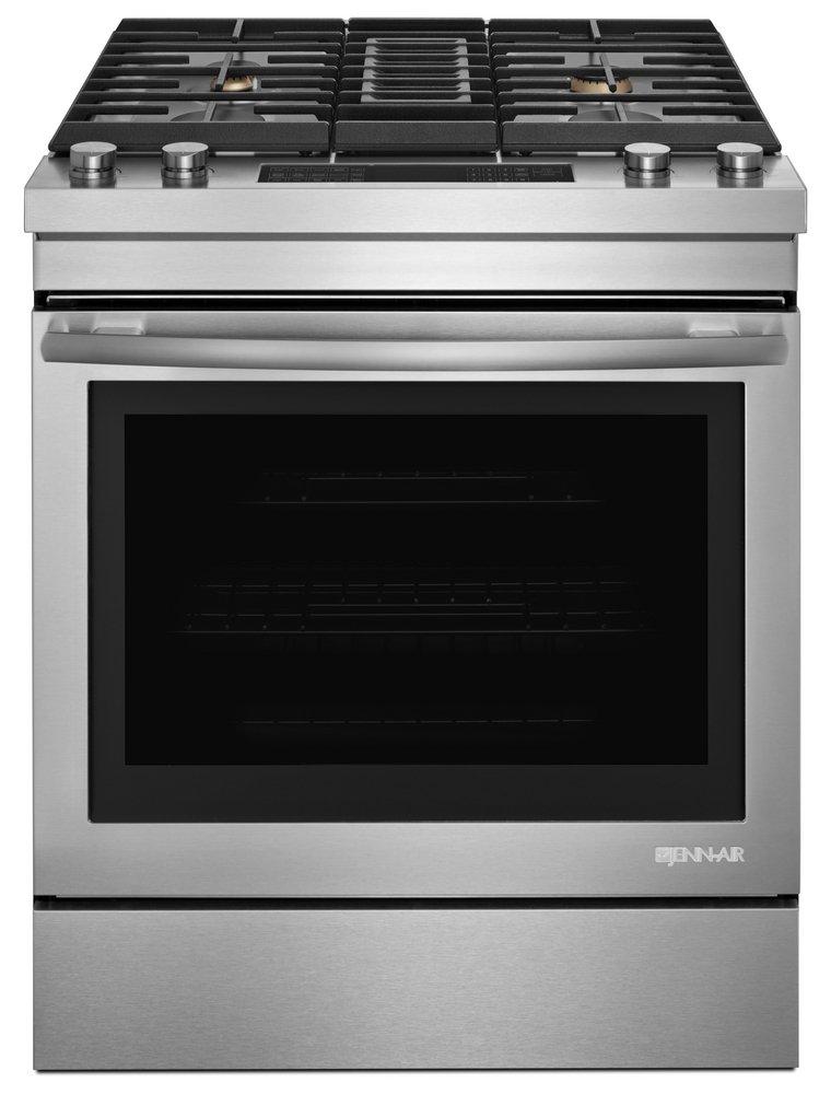 JennAir Stainless Steel 29-7/8 in. 6.4 cu. ft. 46200 BTU 4-Burner Sealed Dual Fuel Slide-In Range 