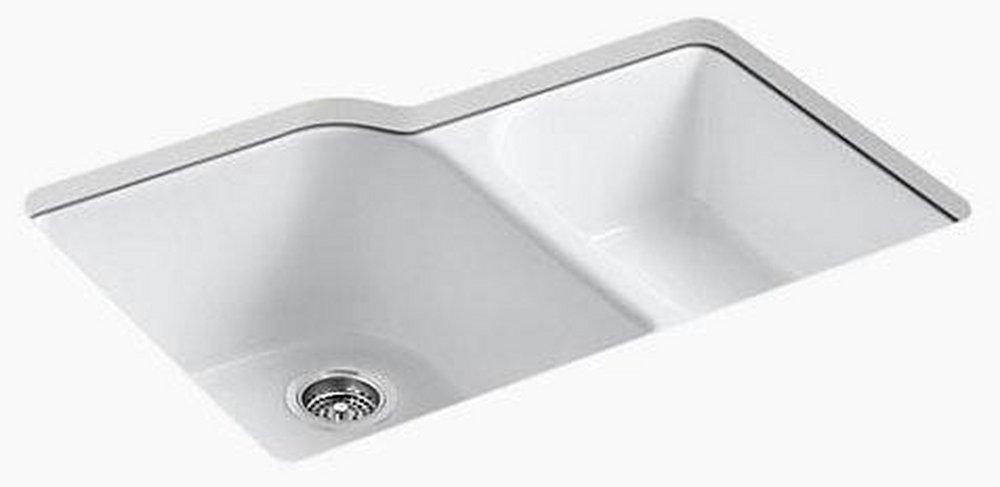 KOHLER White 33 x 22 in. 4 Hole Cast Iron Double Bowl Undermount Kitchen Sink 