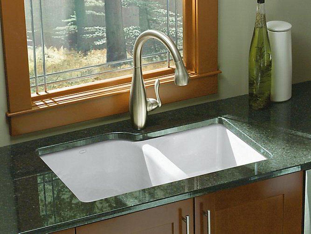 KOHLER White 33 x 22 in. 4 Hole Cast Iron Double Bowl Undermount Kitchen Sink 