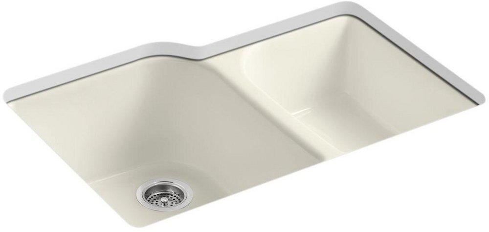 KOHLER Biscuit 33 x 22 in. 4 Hole Cast Iron Double Bowl Undermount Kitchen Sink 
