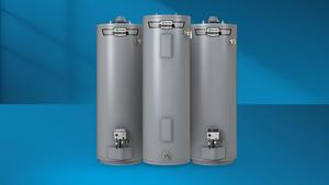 Silo image of 3 A. O. Smith water heaters against blue background. 