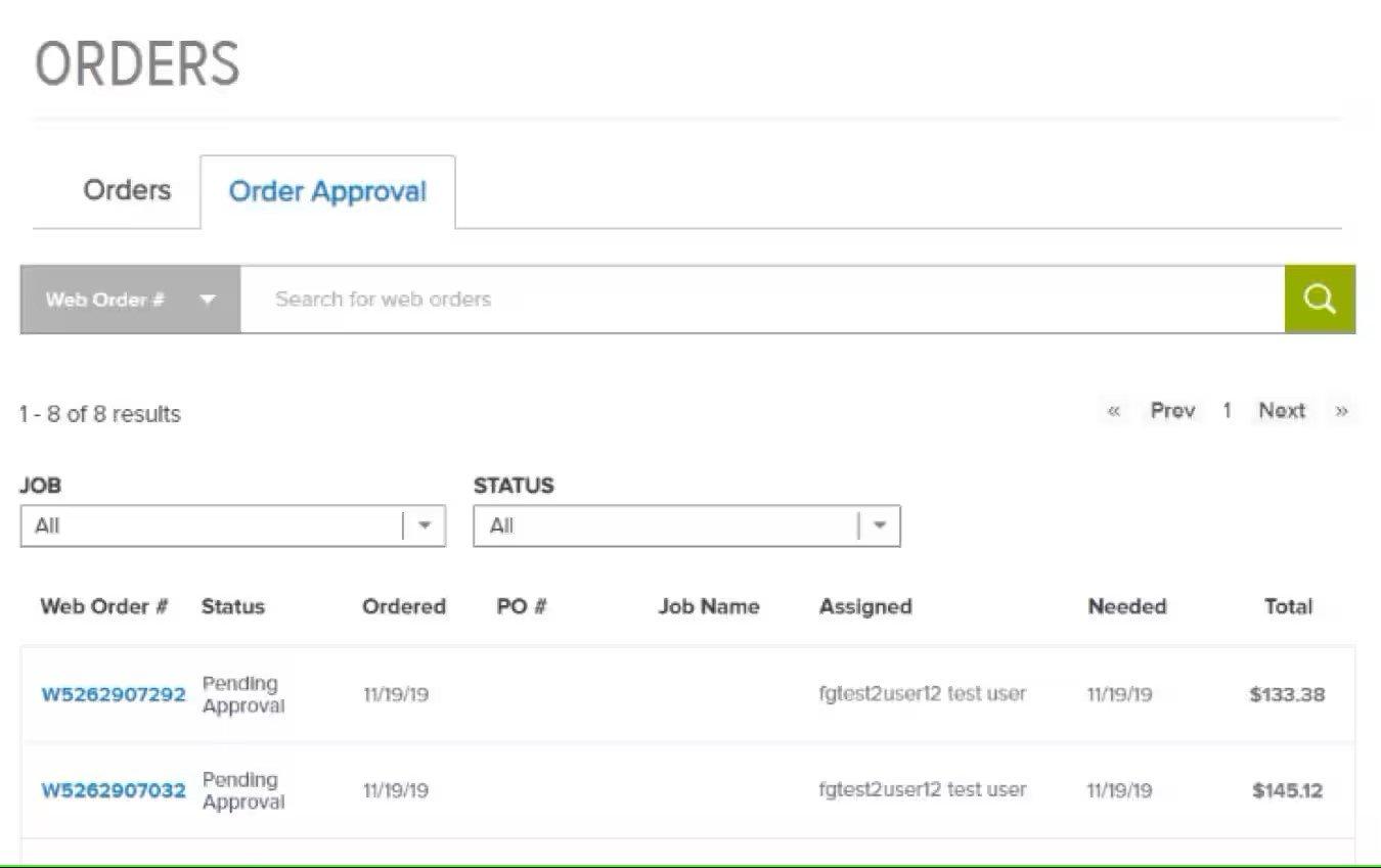 View of Order Approval tab on Orders screen, with a list of all jobs shown.