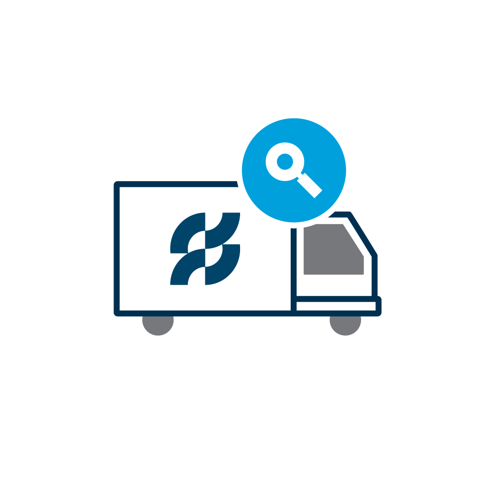 Graphic of a Ferguson delivery truck with a blue magnifying glass on the right.