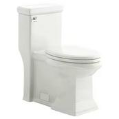 A white one-piece elongated toilet.