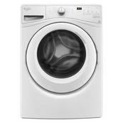 A white front-loading clothes washer.