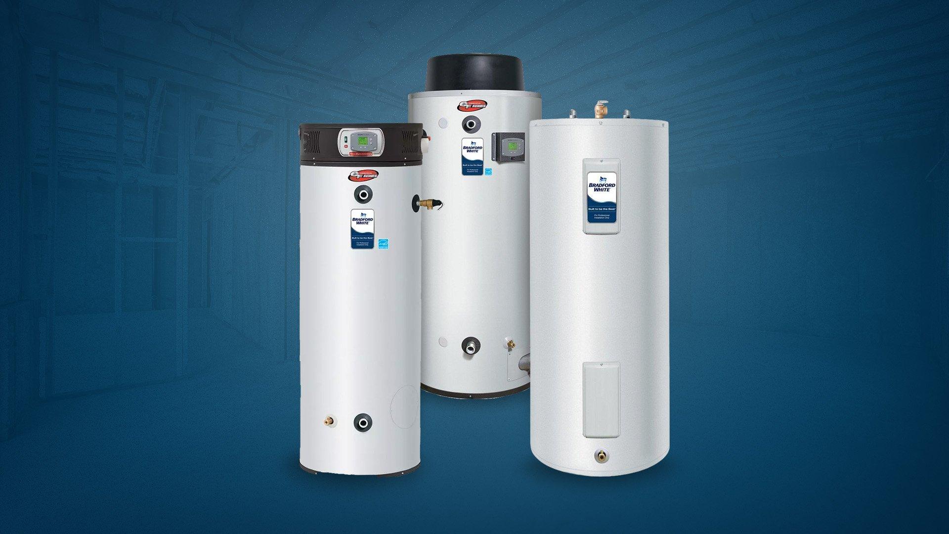 Silo image of 3 Bradford White Commercial Water heaters against blue background.