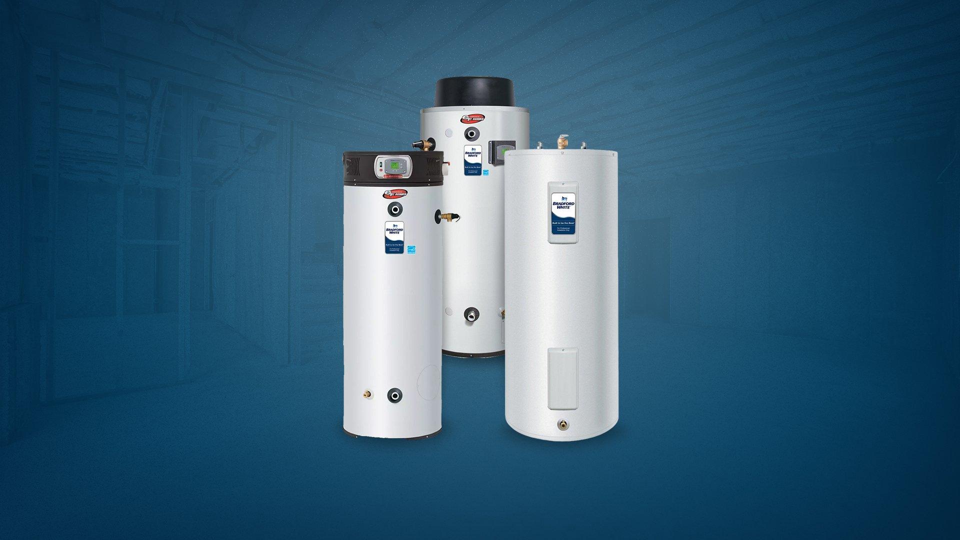 Silo image of 3 Bradford White Commercial Water heaters against blue background.