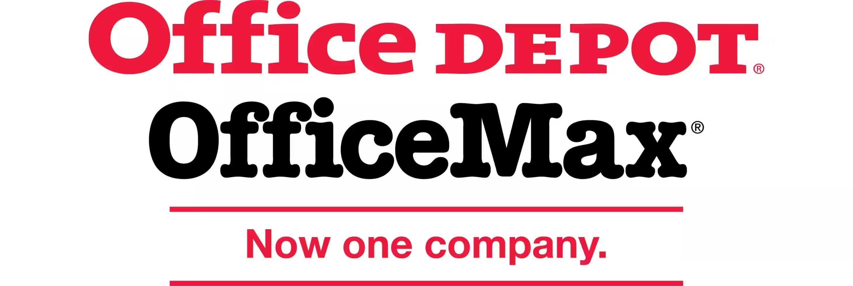 Office Depot and Office Max logo with text in red that reads Now one company.