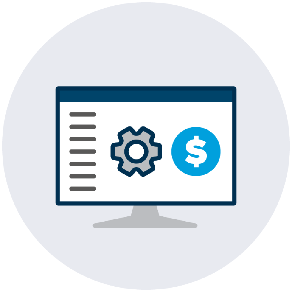 Graphic of a computer monitor with a dollar sign and gear symbol.