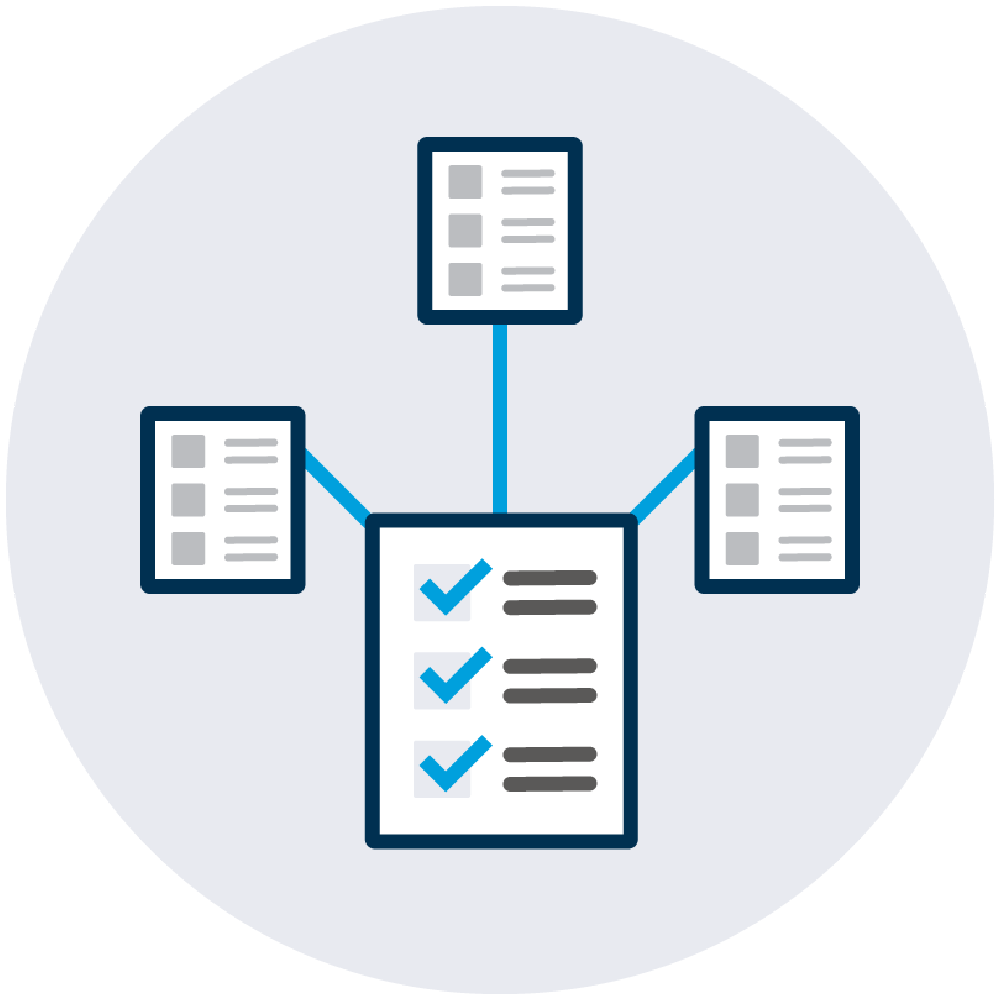 Graphic with one main sheet of paper with checkmarks and three smaller sheets surrounding it.