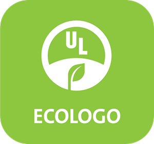 ECOLOGO written in white text under a circle with “UL” inside and a leaf against a green background.