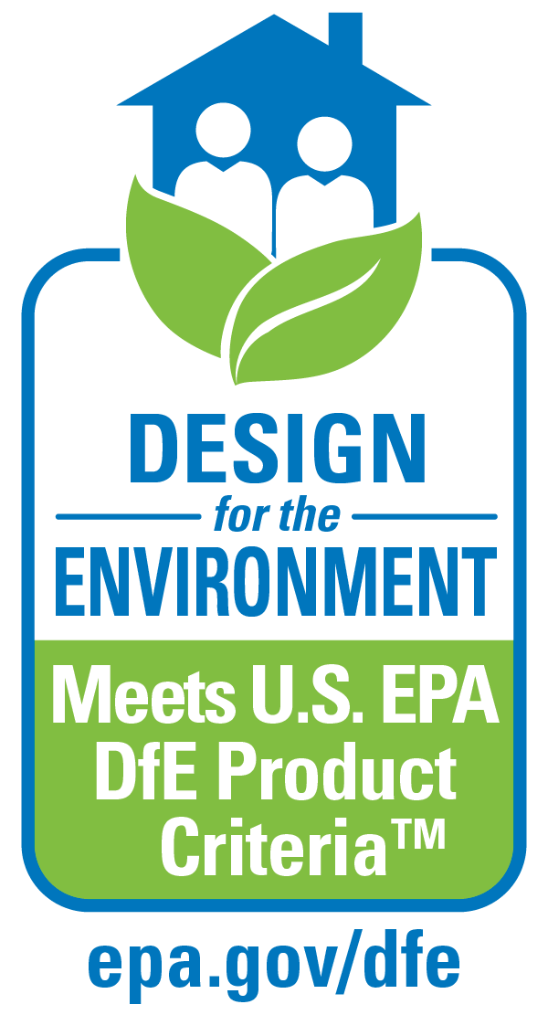 Design for the Environment written in blue text against a white background, with Meets U.S. EPA DfE Product Criteria written in white text against a green background, with an icon of a home and two people at the top and the URL epa.gov/dfe in blue text at the bottom.