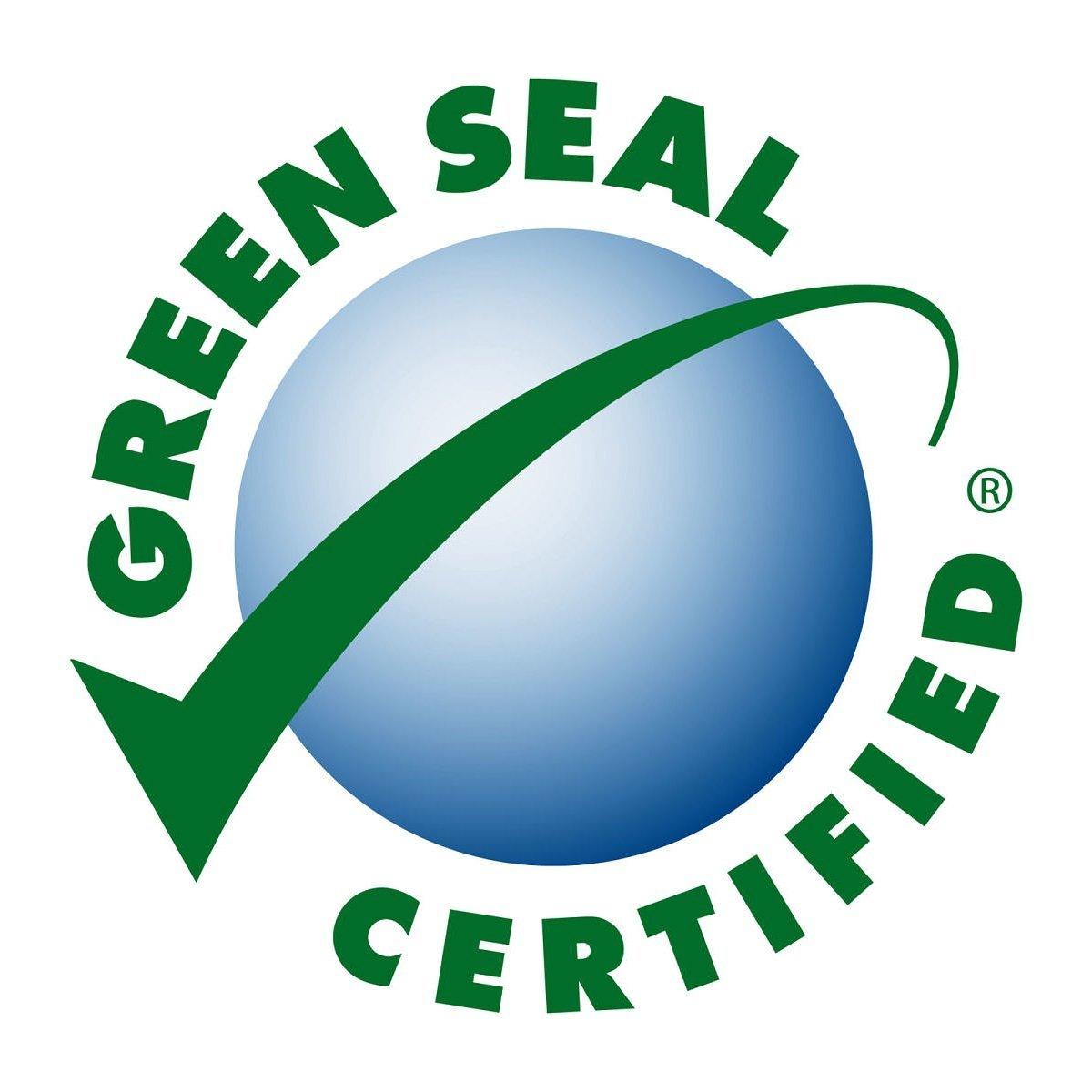 A light-blue sphere has a green checkmark encircling it with the words GREEN SEAL CERTIFIED surrounding it.