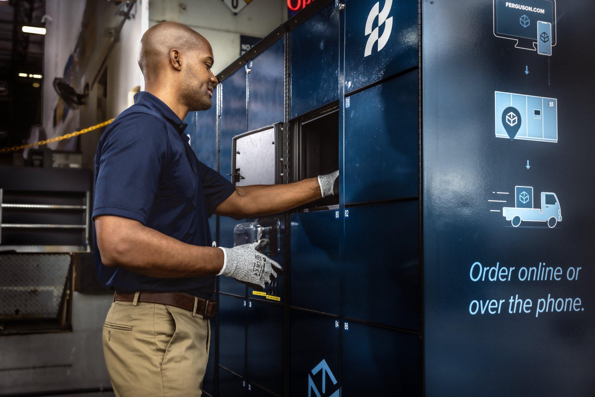 A gloved Ferguson associate places an order in a Pro Pick-Up locker.
