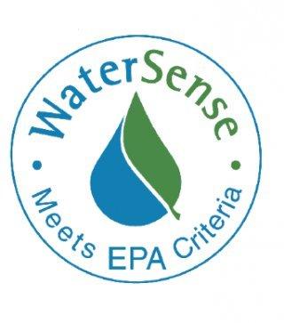 In a blue circle, a blue water droplet combines with a green leaf and is surrounded by the text: WaterSense Meets EPA Criteria.