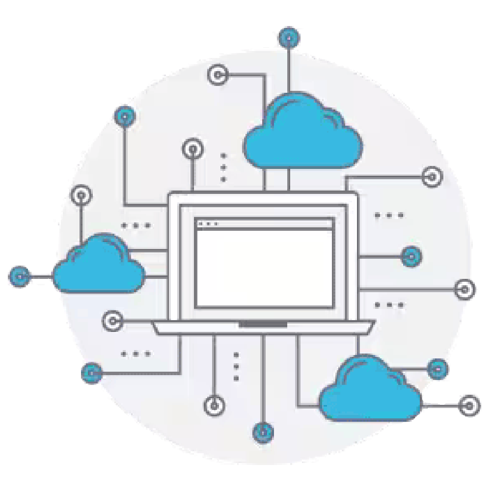 A computer monitor with internet lines heading out from it and three blue clouds.