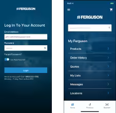 Ferguson app login page shown next to another image of the Ferguson app menu on a smartphone.