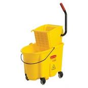 A yellow mop bucket.