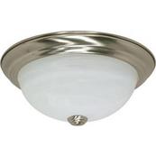 A satin-etched glass ceiling light trimmed in brushed nickel.