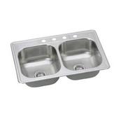 A four-hole double kitchen sink in stainless steel.