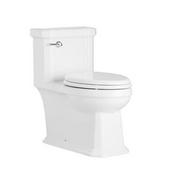 A one-piece elongated toilet in white.