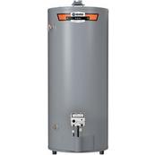 A gray residential gas water heater.