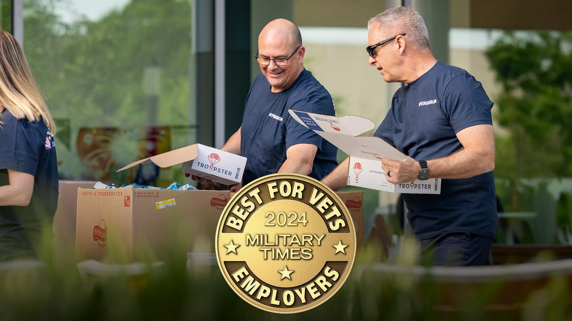 Two smiling Ferguson employees with Best for Vets award seal.
