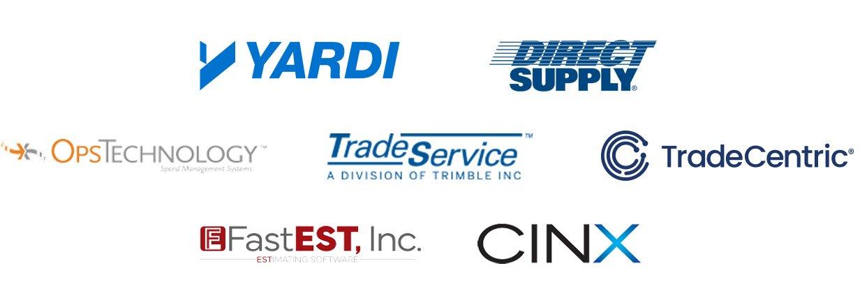 Yardi logo, OpsTechnology Logo, TradeCentric logo, TradeService logo, Direct Supply logo, Fastest, Inc logo, Cinx logo