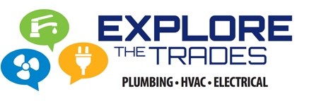 The Explore the Trades logo in blue text, with Plumbing, HVAC and Electrical written underneath in black, and icons on the left in green, blue and orange showing a faucet, an electric plug and a fan.
