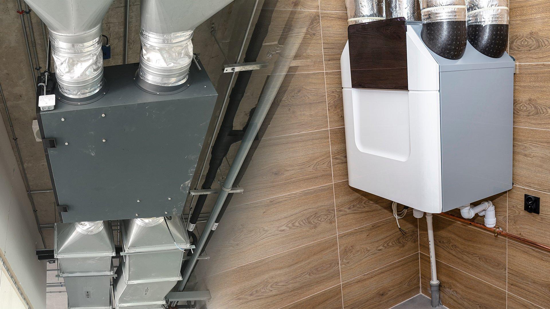 Side-by-side image of installed ERV and HRV systems.