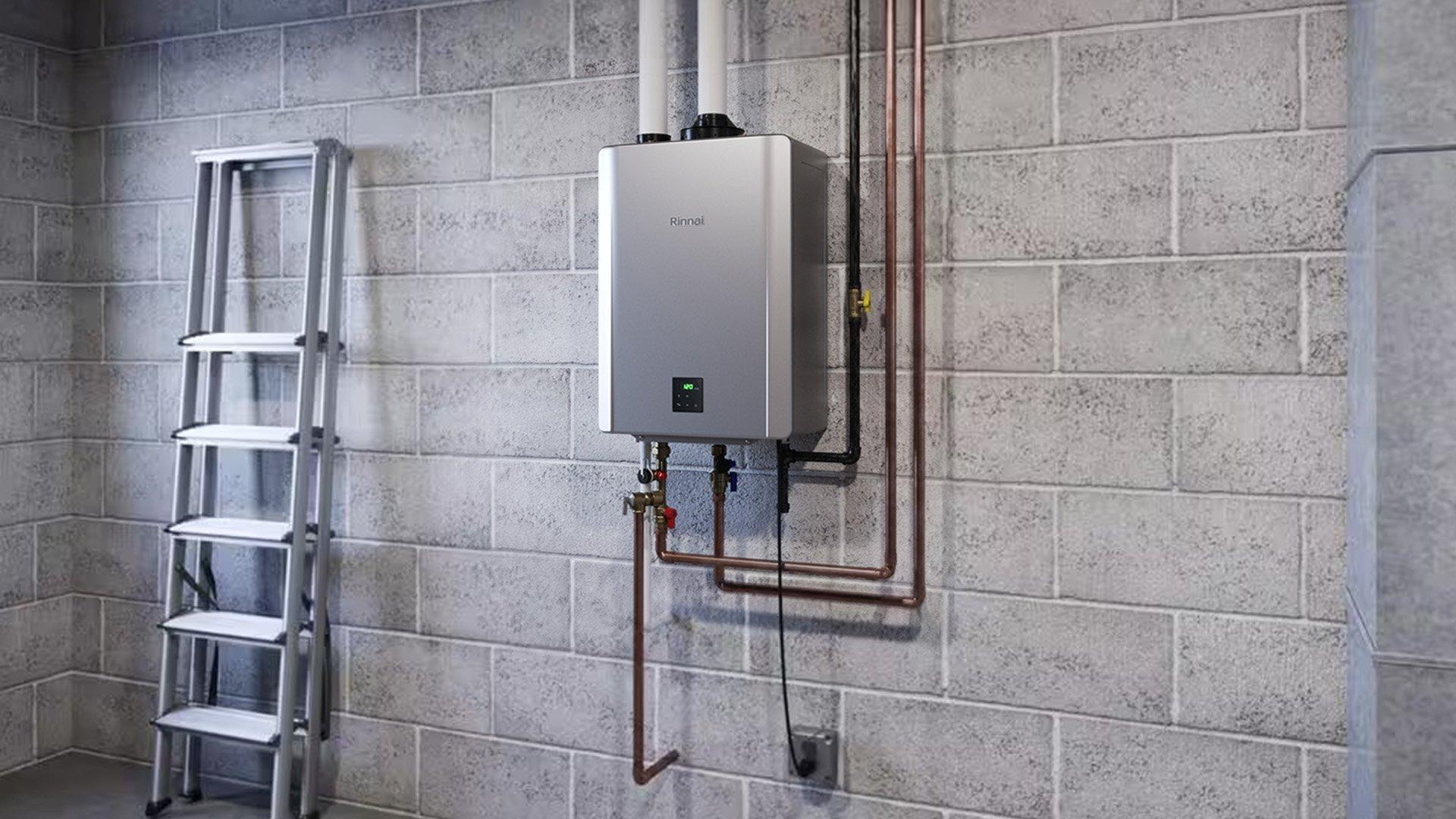 Rinnai tankless water heater installed on a concrete wall in residential home.