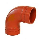 An orange painted 90-degree ductile iron elbow.