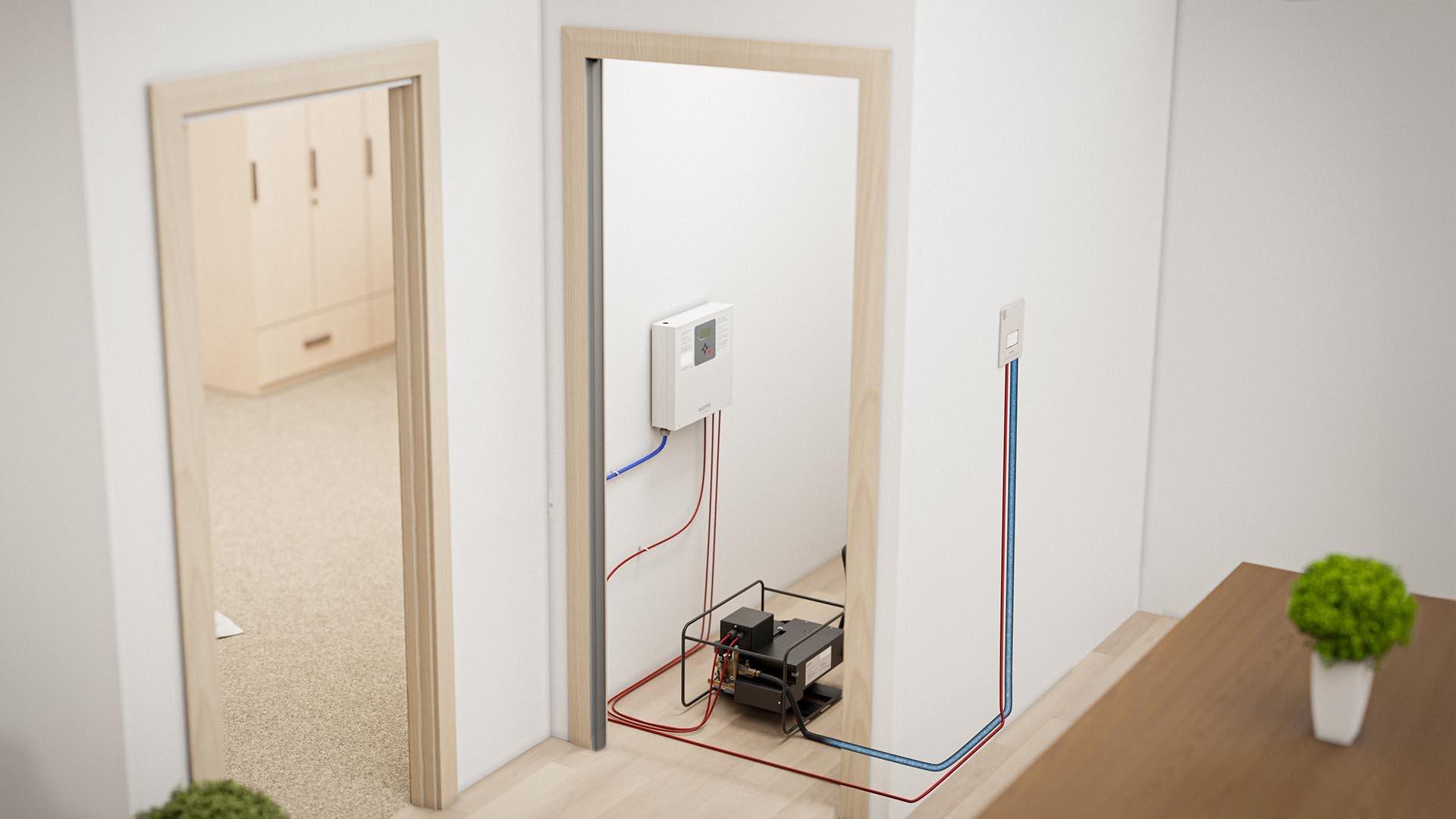 A small-scale model shows Automist installed in a closet with graphics showing piping leading to the wall plate in a kitchen.