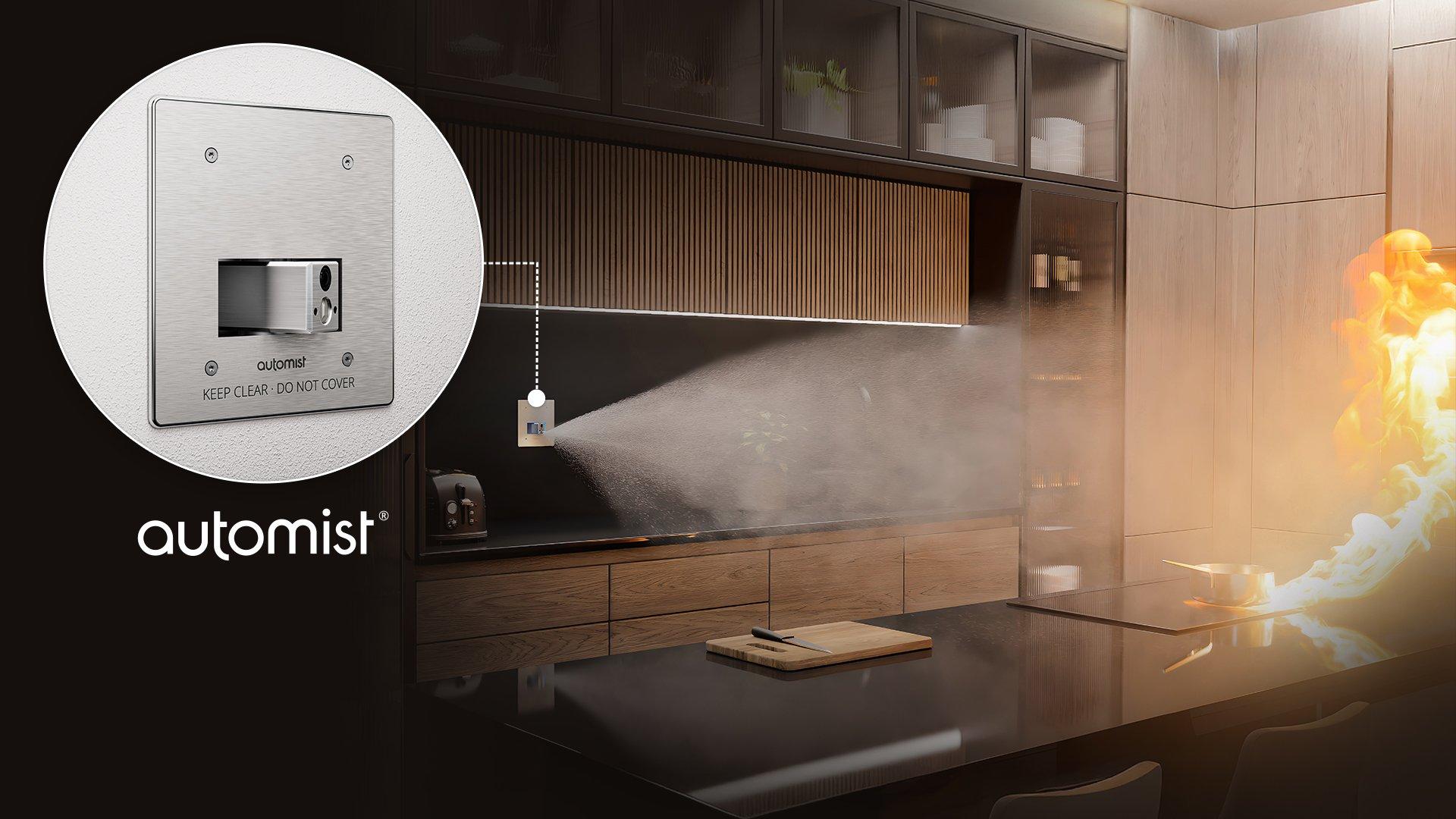 Automist fire suppression system activates during stove fire in residential kitchen with close up of device on wall. 