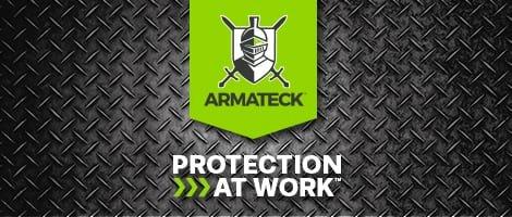 The green Armateck logo with Protection at Work in white letters against a black tread grip metal floor.