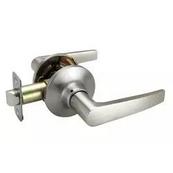 Straight lever passage door lock in satin nickel.