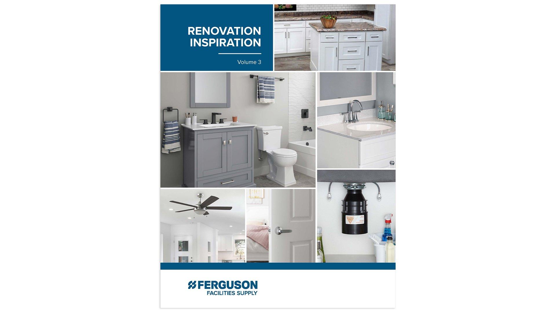 Cover page of the Ferguson Renovation Inspiration digital catalog, showing a range of kitchens, bathrooms and living rooms.