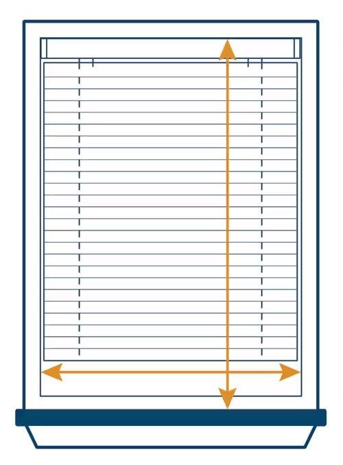 Graphic of window blinds on a frame using arrows to show the area to measure inside the frame.