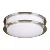 A round, white ceiling light with brushed nickel trim.
