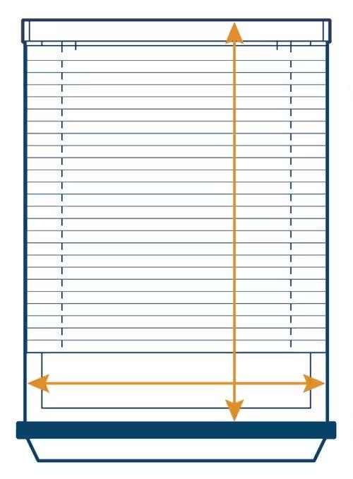 Graphic of window blinds on a frame using arrows to show the area to measure outside the frame.