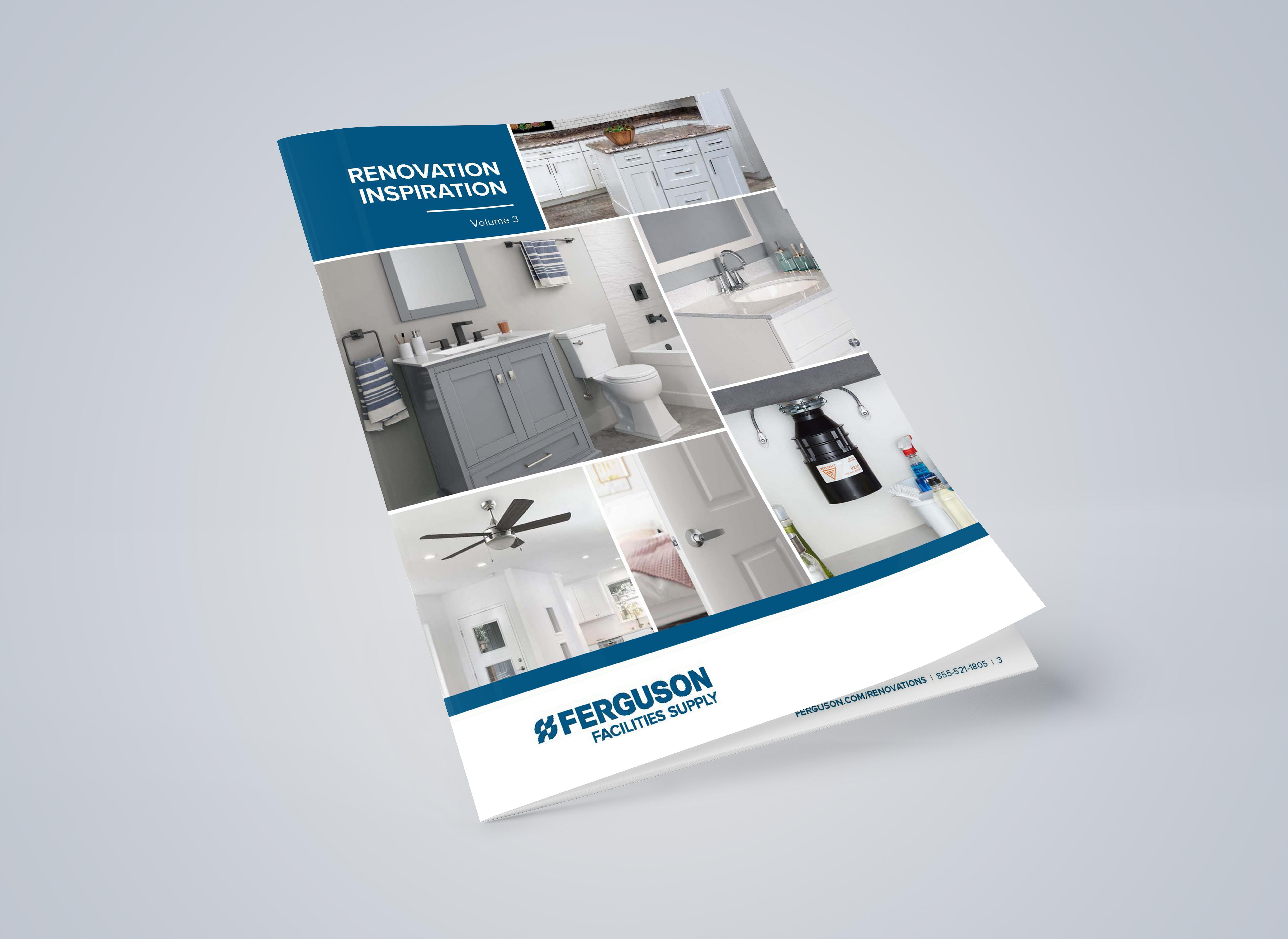 Cover page of the Ferguson Renovation Inspiration digital catalog, showing a range of kitchens, bathrooms and living rooms.