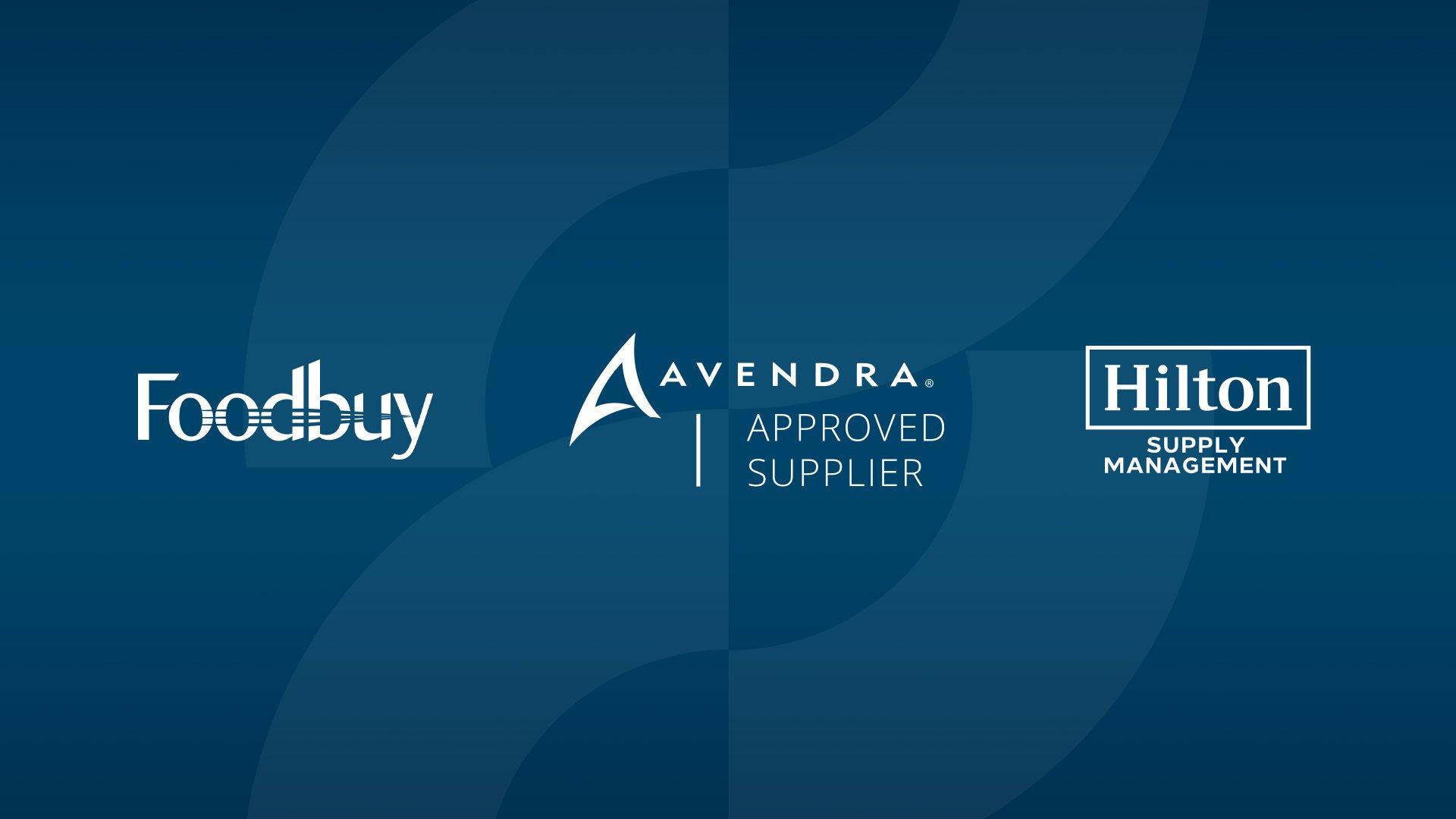 A Ferguson logo with a blue overlay and Foodbuy, Avendra and Hilton Supply Management logos on top of the overlay.