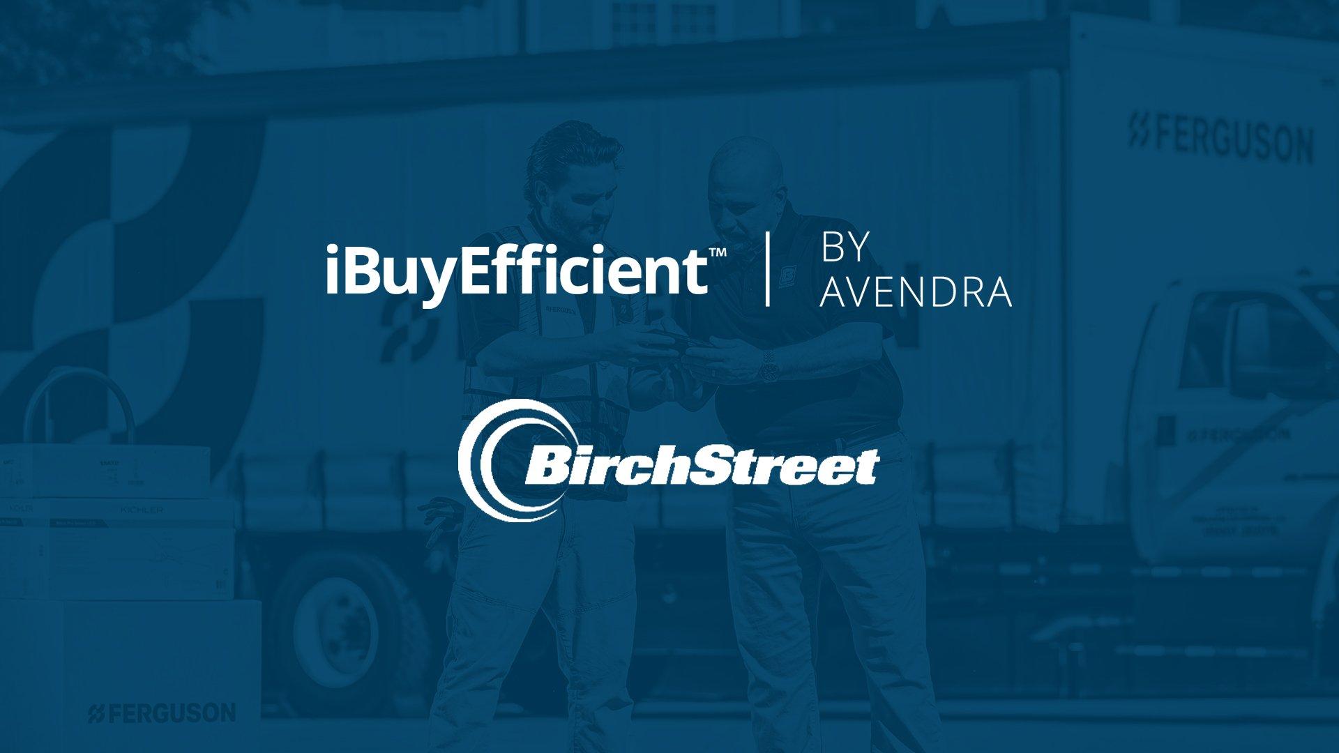 A photo of two men standing in front of a Ferguson truck with a blue overlay and iBuyEfficient and BirchStreet logos on top of the overlay.
