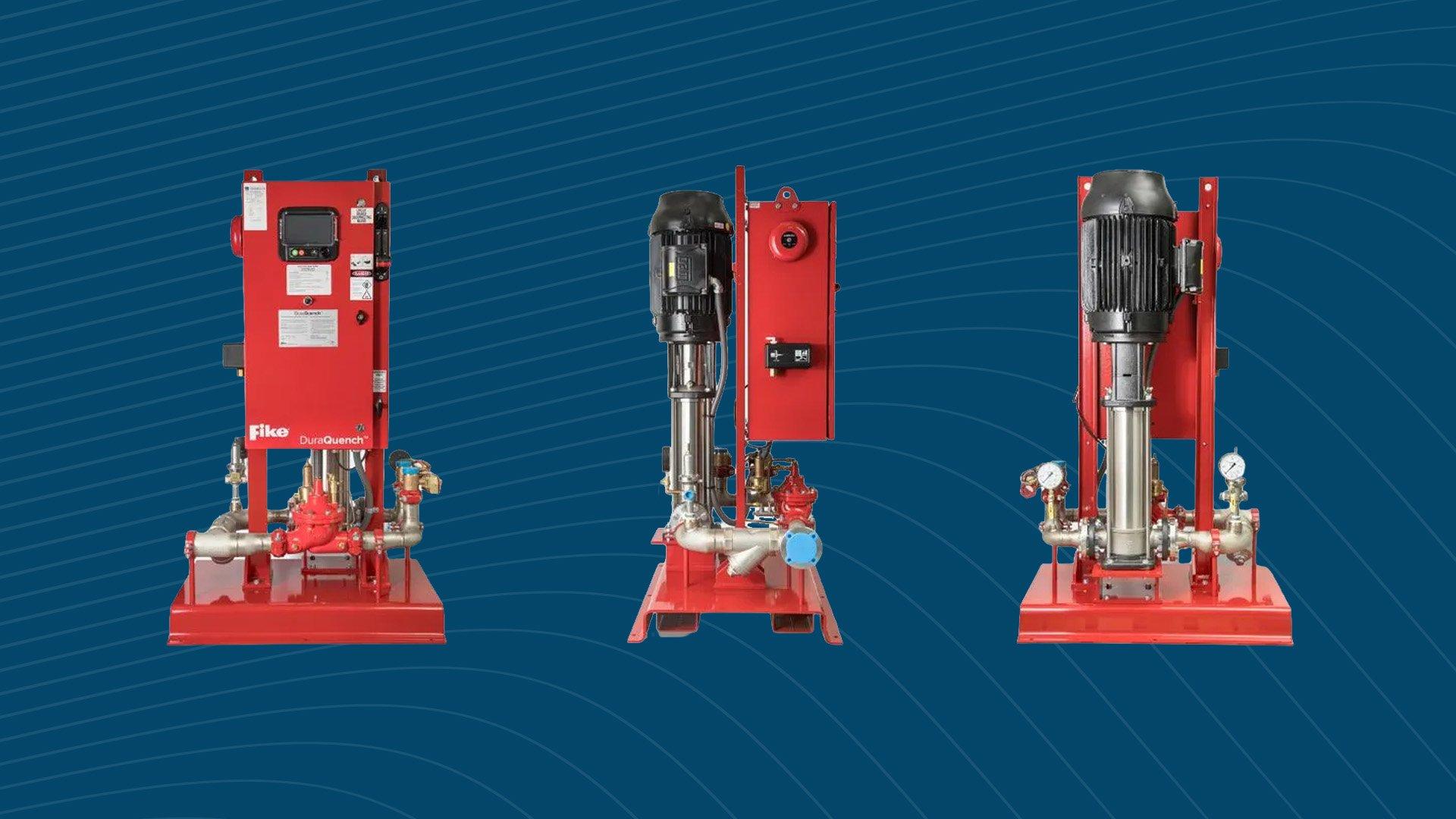 3 different angles of Fike FM approved DuraQuench Pro against blue background.