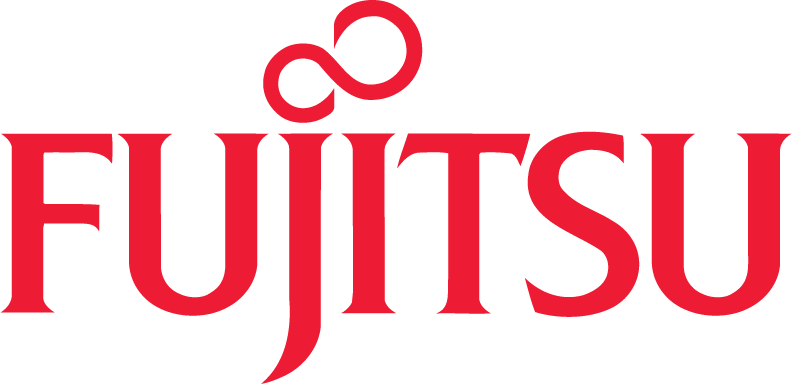 Logo of Fujitsu written in red.