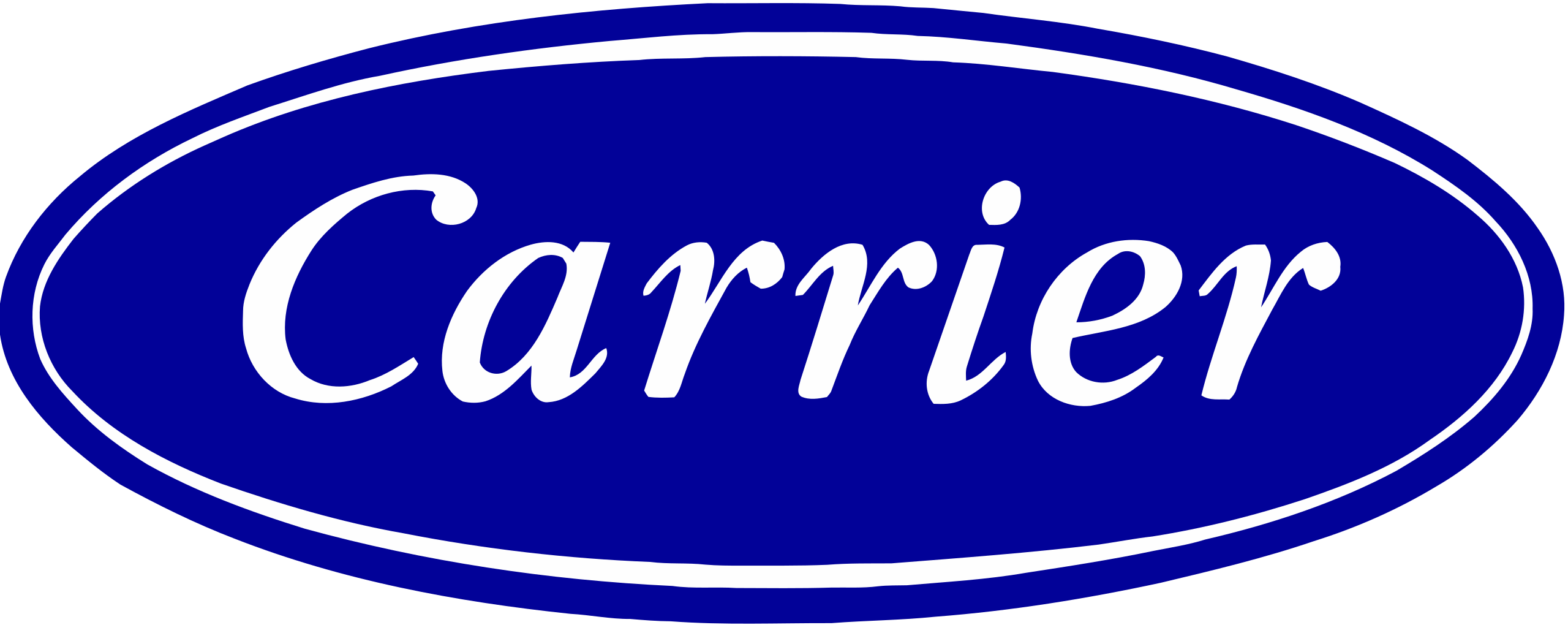 Carrier logo in white cursive against blue background with white trim.